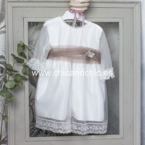 Vestido de ceremonia bebe Milara. Tul Blanco roto-rosa. Plazo entrega 20 días