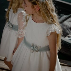 Vestido tul LEONOR SM (2-14 Años). Blanco roto-verde agua