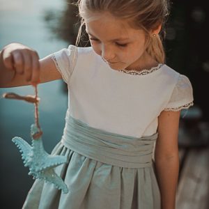 Vestido lino LUZ .Blanco roto-verde agua